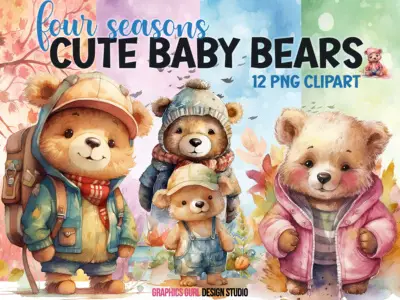 Watercolor Teddy Bear Clipart Bundle: Four Seasons