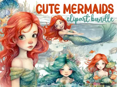 Mermaid Watercolor Clipart Bundle