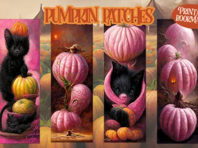 Pumpkin Patch and Black Kittens Printable Bookmarks