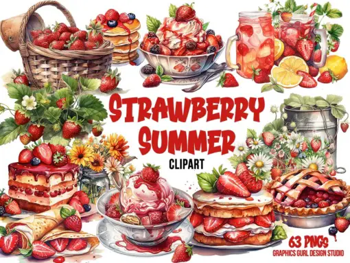 Watercolor Strawberry Clipart Bundle