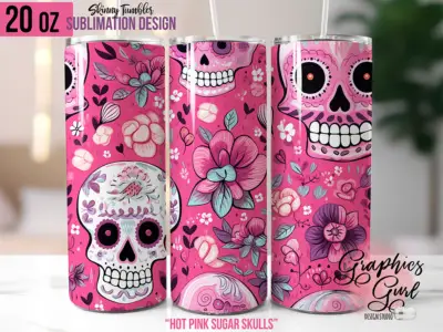 Hot Pink Sugar Skulls Tumbler Wrap Design - Day of the Dead