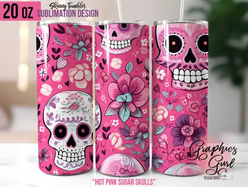 Hot Pink Sugar Skulls Tumbler Wrap Design - Day of the Dead