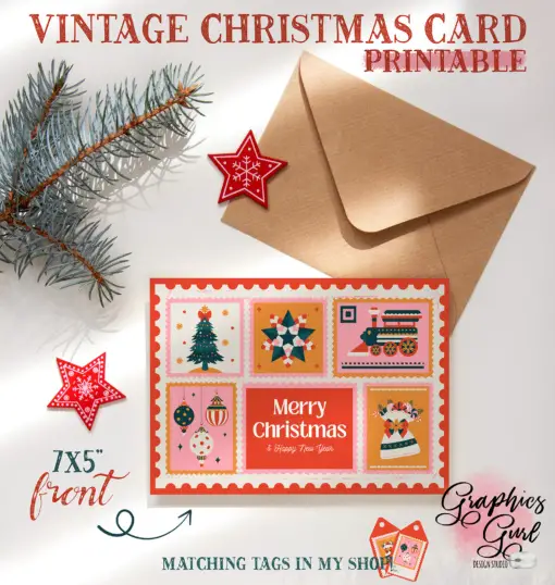 Red Pink Vintage Postage Stamp Merry Christmas Card